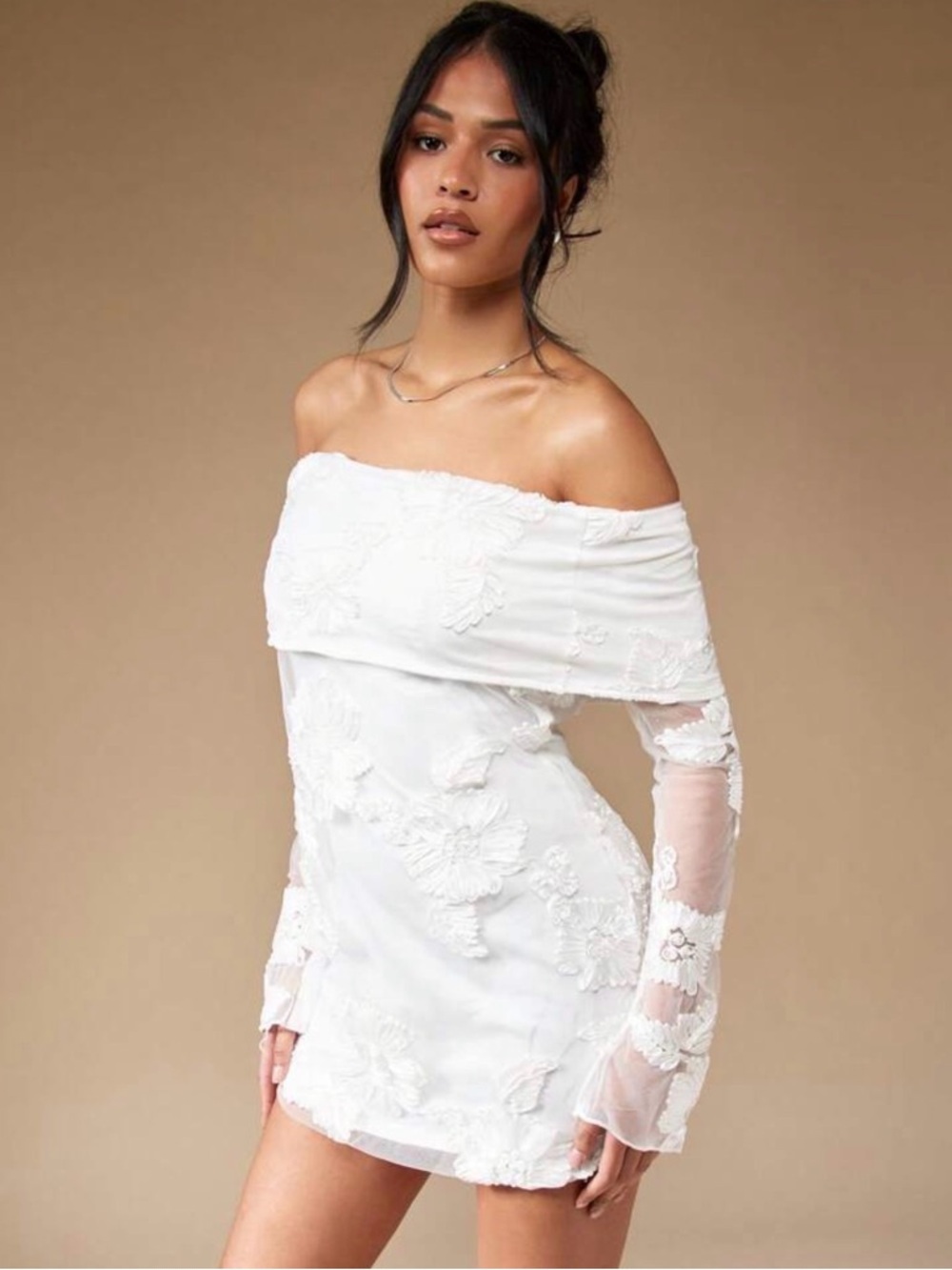 White Off-Shoulder Lace Dress- graduation, bridal shower, rehearsal, reception - Picture 5 of 6